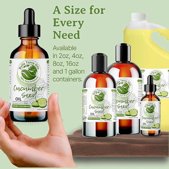 Bella Terra Oils - Cucumber Seed Oil 8 oz - Harness the Potent Nutritional Profile of Cucumber, Loaded with Vitamin K & Biotin, Luminous Skin Beckons