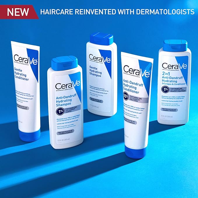 CeraVe Hydrating Anti Dandruff Shampoo, 1% Pyrithione Zinc Dandruff Treatment With Ceramides, Niacinamide & Hyaluronic Acid, Helps Eliminate Flakes & Provides Itchy Scalp Relief, Sulfate Free, 12 Oz