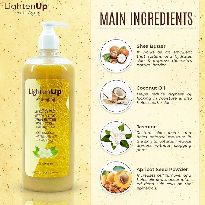 OMIC Lighten-Up Exfoliating Body Wash - 33.8 Fl oz / 1000 ml - Formulated to Exfoliate and to Nourish Skin, with Shea Butter, Jasmine Oil Argan Oil