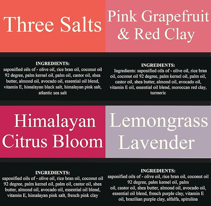 Traverse Bay Bath and Body Natural Cold Process Soap Citrus & Salt 4-Bar Variety Pack, Three Salts, Pink Grapefruit & Red Clay, Himilayan Citrus Bloom, Lemongrass Lavender, 5.5 oz Each, 22+ oz Total