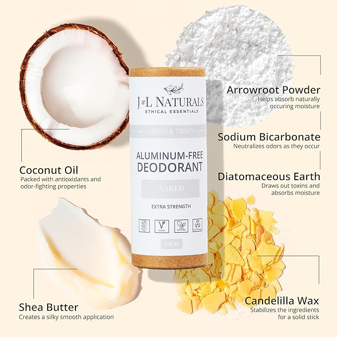 J&L Naturals Aluminum Free Deodorant for Men & Women | 100% Natural Ingredients With Coconut Oil, Shea Butter, & Essential Oils | Sustainable, Eco-Friendly (Naked (Unscented), 3.0 Oz (Single))