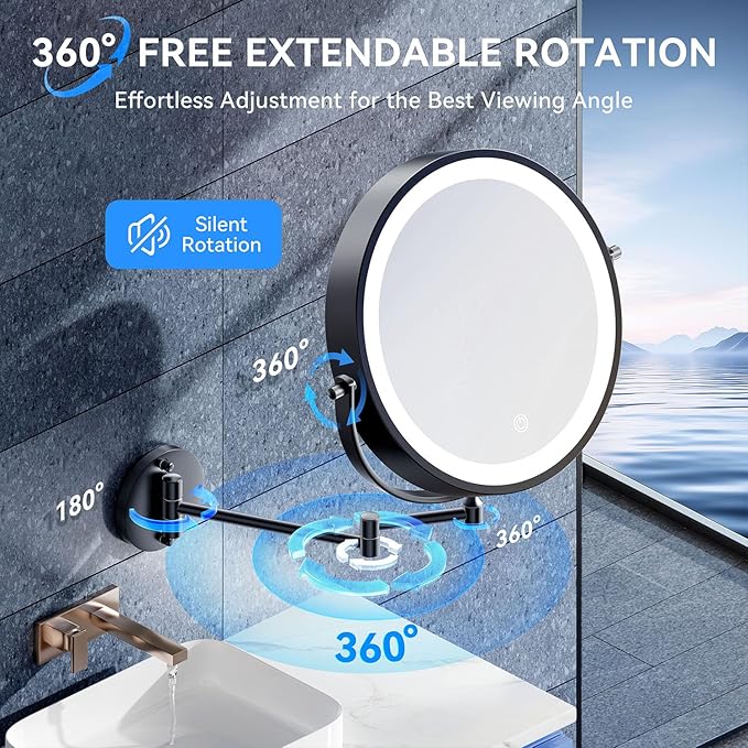 9'' 30X/1X Wall Mounted Lighted Makeup Mirror, 5000mAh Rechargeable Double-Sided Magnifying Mirror with Light, Vanity Mirror Touch Dimmable 3 Colors 360° Rotation Extended Foldable Arm, Power Adapter