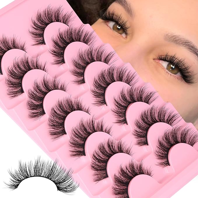 Wispy Lashes Manga False Eyelashes Natural Cat Eye Lahses Strip 8-15mm Fake Lashes Pack Wispy 3D Eyelashes with Cotton Band, 7 Pairs