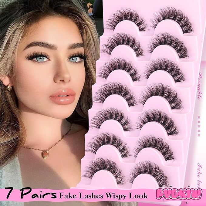 Clear Band False Eyelashes Wispy Lashes Mink Cat Eye Lashes Natural Look Eyelashes Pack Soft Light CD Curvature, 7 Pairs