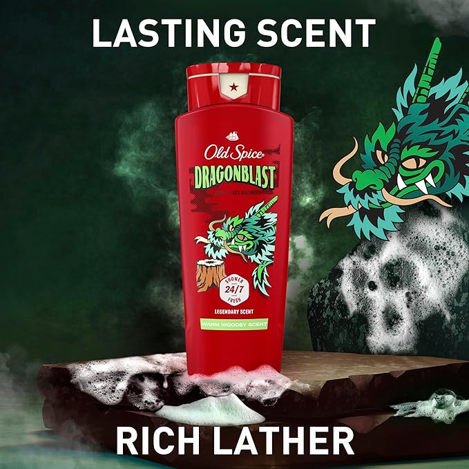 Old Spice Cleansing Body Wash for Men, 3X Defense, 24/7 Shower Fresh with Lasting Scent, 2-in-1 Body & Face Wash, Dragonblast Scent, 24 oz (Pack of 4)