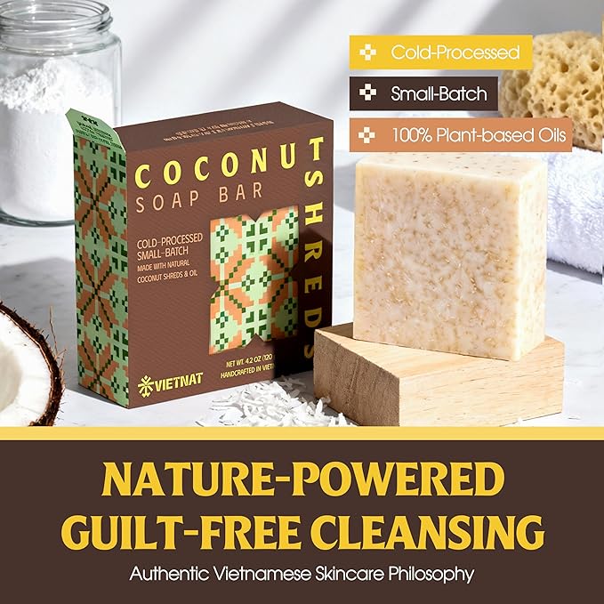 Cold-Process Natural 2-in-1 Luxurious Natural Soap Bar (4.2 oz) with Coconut Shreds | Light Exfoliation & Creamy Lather Body Bar | Cold-Processed, Handmade in Vietnam (Pack of 1)