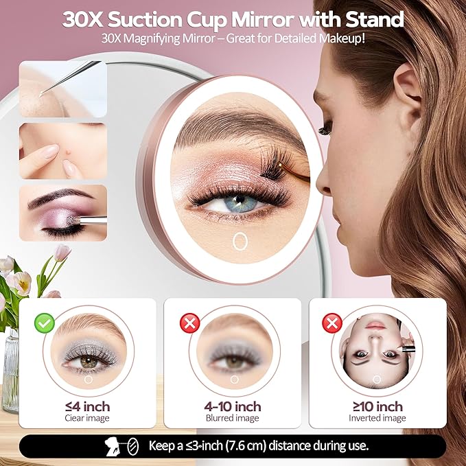 30X Magnifying Mirror Suction Cup, 6" Makeup Mirror with Lights, Rechargeable Travel Mirror with 3 Color Dimmable Lights for Precision Makeup, Fits Bathroom/Wall Suction/Hanging, Rosegold