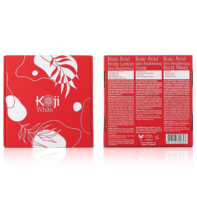 Koji White Gift Set for Women Bath Set - Kojic Acid Soap, Body Wash and Body Lotion for Glowing Skin, Moisturizer, Nourishing, Even Skin Tone, Vegan Skincare Gift Set (3 Pcs)