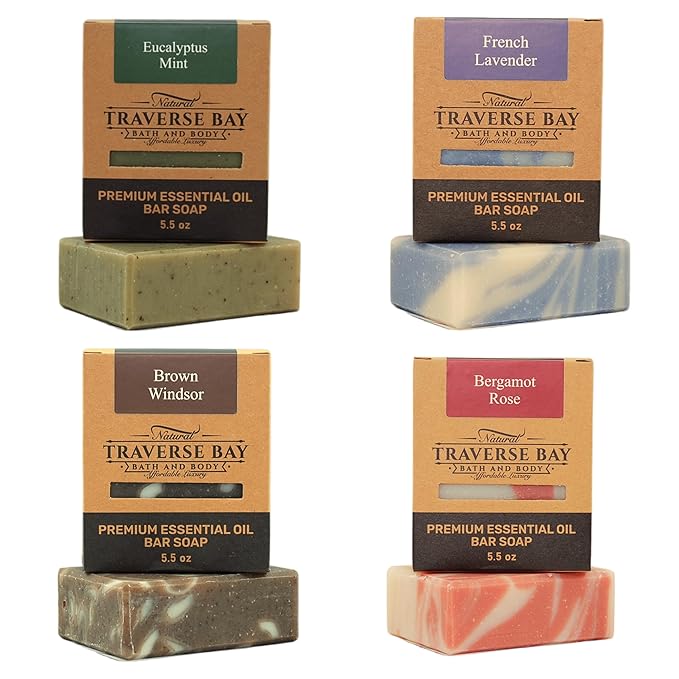 Traverse Bay Bath and Body Natural Cold Process Soap His & Hers 4-Bar Variety Pack, Brown Windsor, French Lavender, Eucalyptus Mint, Bergamot Rose, 5.5 oz Each, 22+ oz Total
