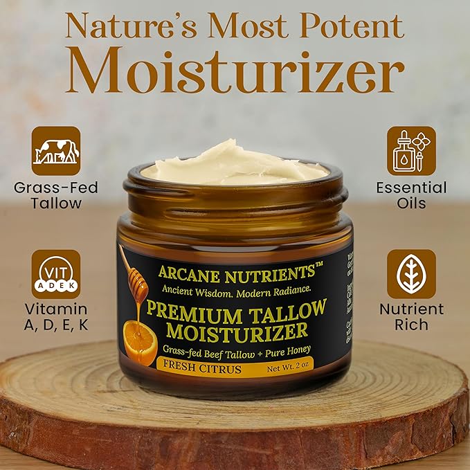 Grass-Fed Beef Tallow for Skin and Face, Nourishing Tallow and Honey Balm, Moisturizing for Face, Hands, and Body, Fresh Citrus Scent, 2 oz