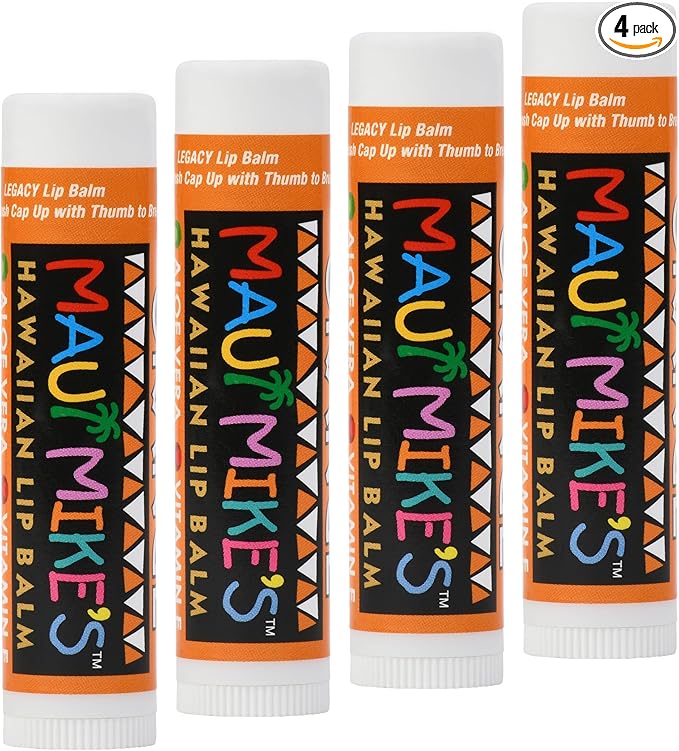 Maui Mike's Lip Balm in Orange (4 Pack) Vitamin E, Aloe Vera and Beeswax. Take Your Lips on a Hawaiian Vacation. Moisturizing and Smooth. Glides on Smooth Like the Perfect Wave.