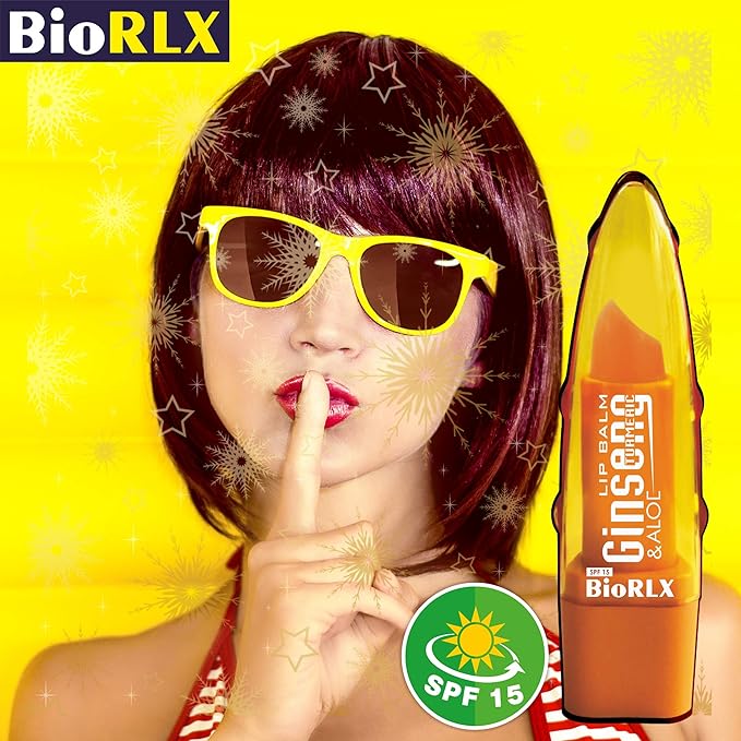 BioRLX 99% Purity Aloe Vera Lip Balm - Natural Moisturizing Unisex Lip Care for Hydrated and Radiant Lips (Ginseng & Turmeric, 0.12 Ounce (Pack of 2))