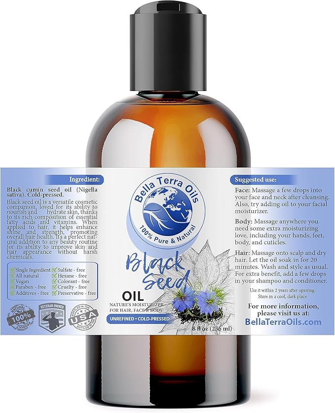 Bella Terra Oils - Black Seed Oil 8 oz - Cold-Pressed & Pure, A Beacon of Essential Minerals & Phytosterols, For the Lovers of Natural Beauty