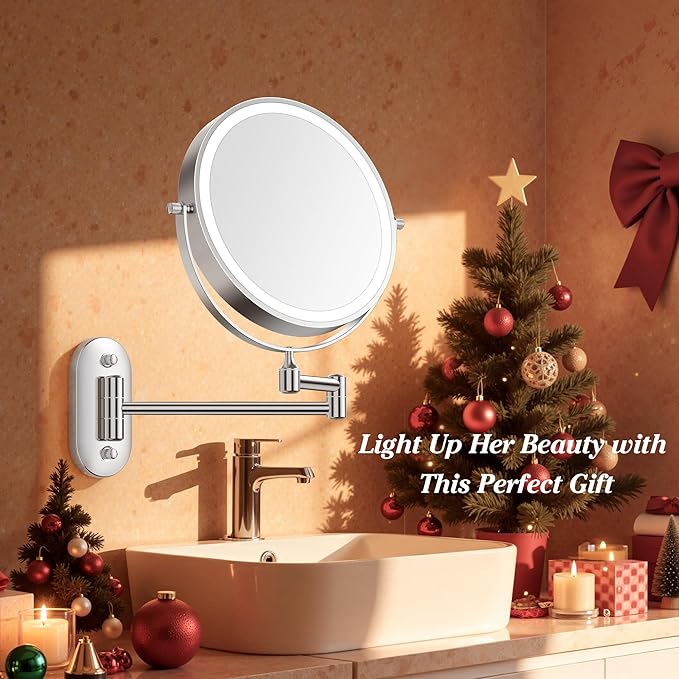 Auxmir 1X/20X Wall Mounted Makeup Mirror with Light, 8" Rechargeable Double-Sided Magnifying Mirror, Vanity Mirror Dimmable 3 Color Light, 360° Extension Rotation Foldable 14.5 Inch Arm, Chrome
