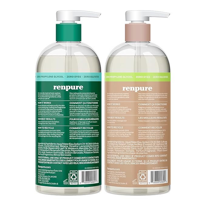 RENPURE LLC Tea Tree Mint Oil & Coconut Vitamin E, Sulfate Free Moisturizing Body Wash For Dry Sensitive Skin, Antibacterial Body & Hand Soap For Men Women Kids & Toddlers, White, 24 Oz
