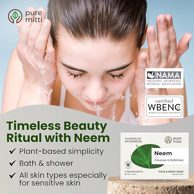 Neem Face, Body Bar Soap 4.5 oz, 3 Pack | Ayurvedic Exfoliating, Cleansing Bar with Coconut Oil, Castor Oil | Gentle Bath Soaps for Face Wash, Body Wash | Soft Soap for Daily Use, All Skins