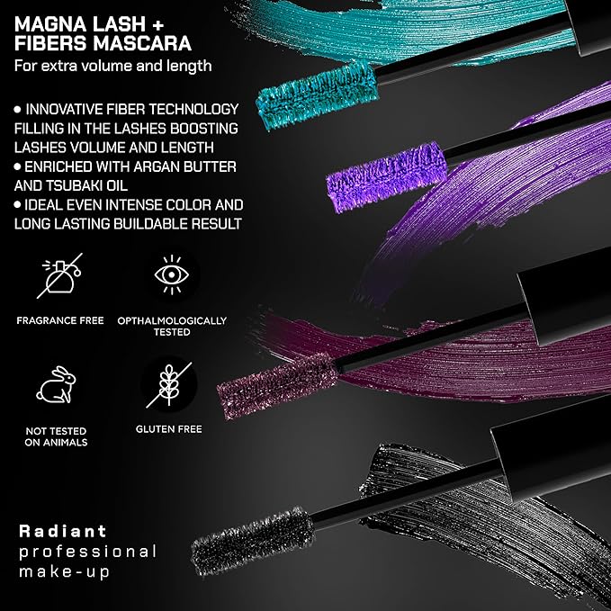 Radiant Professional Lengthening Mascara – Fiber Lash Smudge Proof Mascara Volume and Length– Cruelty-Free Natural Wax Formula with Silicone Brush - (0.43 oz) (Azure 04)