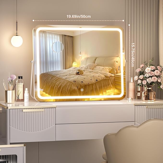 Hasipu Vanity Mirror with Lights, 20" x 16" LED Makeup Mirror, 3 Modes Light, Smart Touch Control Dimmable, 360°Rotation, Rectangle White Frame, with 5X Magnifying Glass