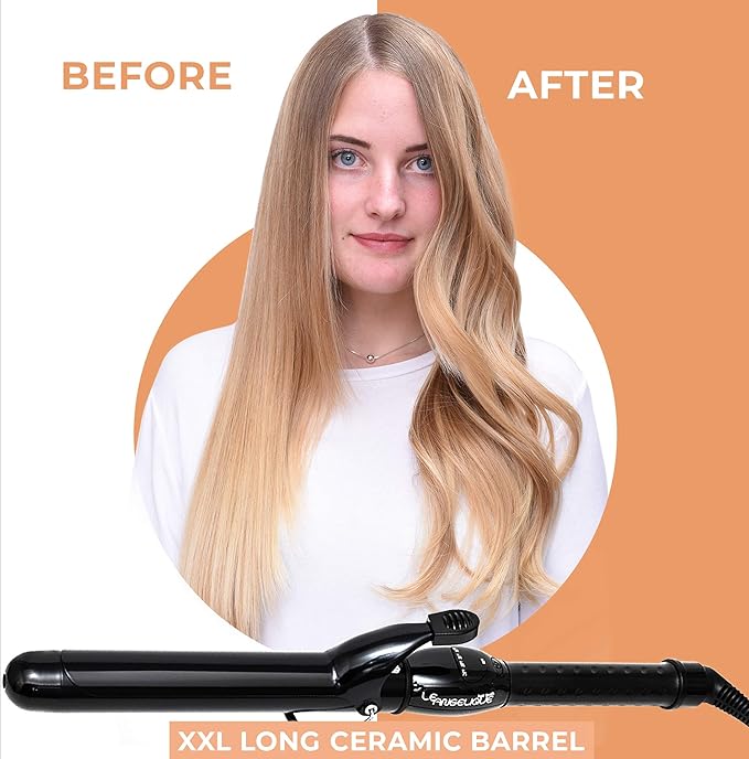 Le Angelique 1 inch Curling Iron with Clip - Professional 8" Extra Large Barrel for Big Long Hair | 1" 25mm Wide Thick Ceramic Curler Wand | Adjustable Temperature | Dual Voltage