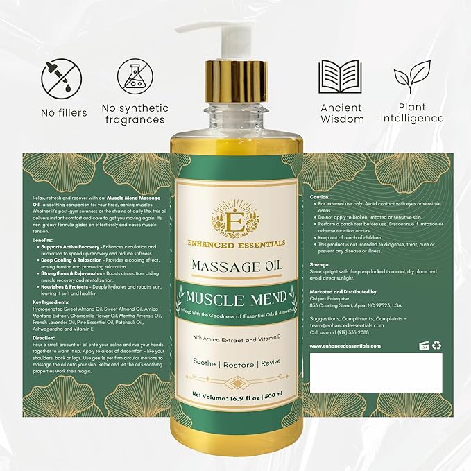 Luxurious Massage Oil by Enhanced Essentials|with Ayurvedic Extracts & Essential Oils | Firms, Nourishes & Uplifts Skin | Fast-Absorbing, Non-Greasy, Clean Formula|16.9 fl oz (500ml) (Muscle Mend)