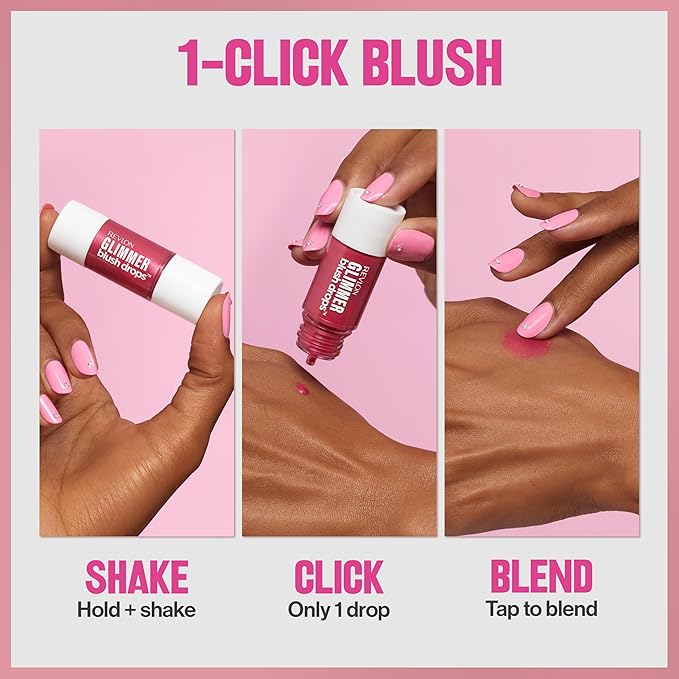 Revlon Glimmer Blush Drops, Liquid Blush for Cheeks, Liquid to Velvety Powder Finish, Glowy, High Pigment, 101 Coralicious, 0.32 fl oz