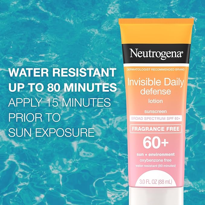 Neutrogena Invisible Daily Defense Fragrance-Free Sunscreen Lotion, Broad Spectrum SPF 60+, Oxybenzone-Free & Water-Resistant, Sun & Environmental Aggressor Protection, 3.0 fl. oz