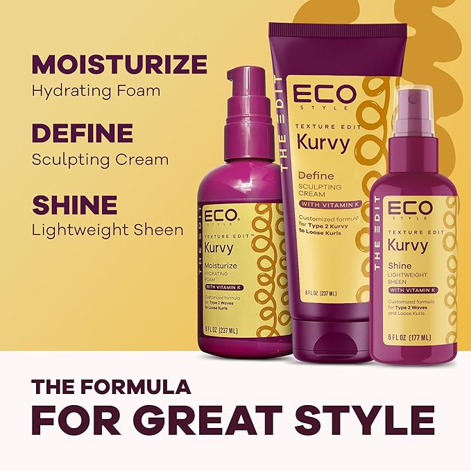 Eco Style, Texture Edit, Kurvy Shine Lightweight Sheen for Type 2a to 2c wavy hair - Finish off any style by adding rich nutrients for a perfectly glorious glow with frizz control. 6 oz.