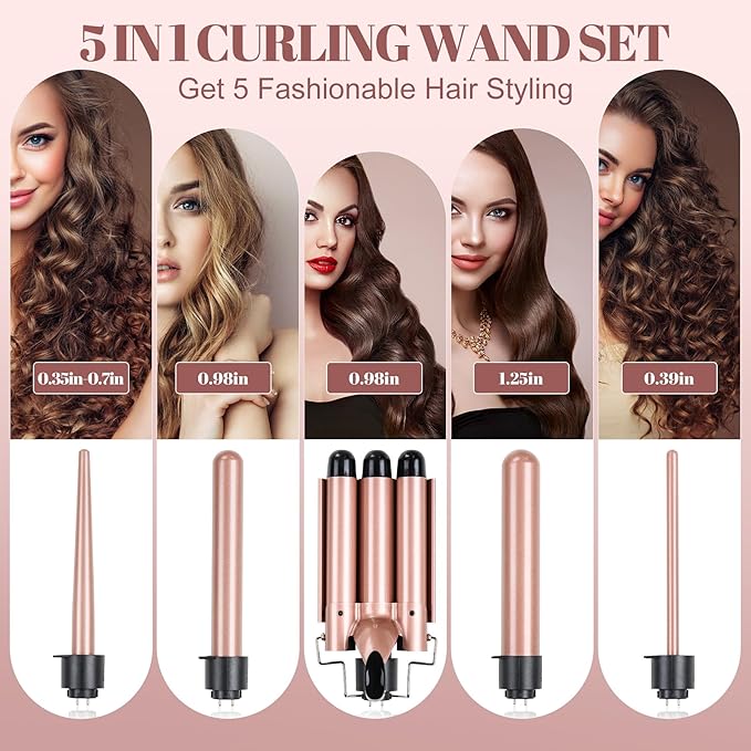 5-in-1 Curling Iron Set, Curling Wand with 3 Barrel Hair Crimper Iron and Interchangeable 4 Curling Irons, Dual Voltage Hair Waver with 2-LED Temp Control for All Hair Types, Glove & 2 Clips