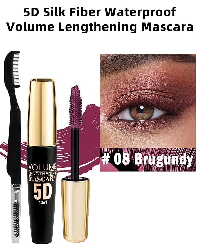 Burgundy Waterproof Tube Mascara, Volume and Length Volumizng Colored Mascara for Eyelashes, Long Lasting Smudge-proof Lengthening 5D Lash Máscara with Silk Fiber, No Flaking or Clumping