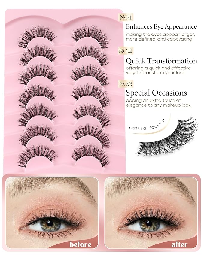 Onlyall Natural Lashes Wispy Lashes Natural Look False Eyelashes Natural Flared Eyelashes False Eye Lashes Soft Fluffy Lashes 7 Pairs T33