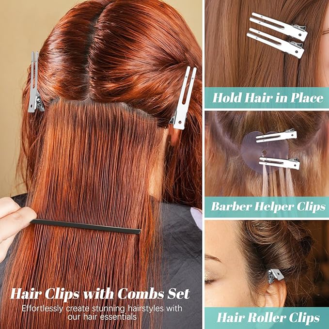 50Pcs Metal Hair Styling Clips, IKOCO No Crease Double Prong Hair Clips with 3 Parting Comb for Styling and Coloring