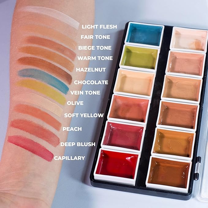 Narrative Cosmetics 12-Color Flesh Tone Alcohol-Activated Palette, Tattoo Cover, Highly Pigmented Professional SFX Makeup for Film, Theatre, TV