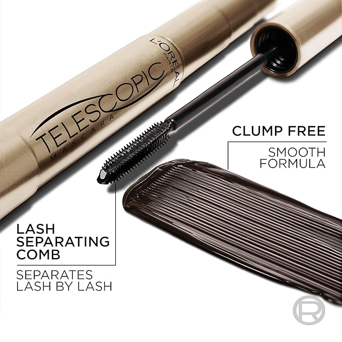 L'Oreal Paris Makeup Telescopic Original Lengthening, Lash Separating Mascara with Dual Precision Brush, Washable, Black, 0.27 Fl Oz., 2 Count