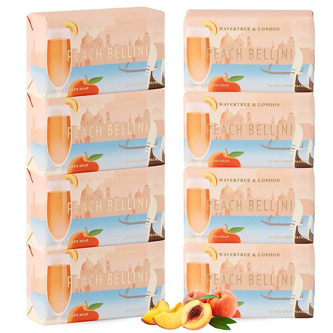 Wavertree & London Peach Bellini Scented Natural Soap (8 Bars), 7oz Moisturizing French Triple Milled Soap Bars enriched with shea butter - Pure Plant Oil Bath & Body Bars for All Skin Types