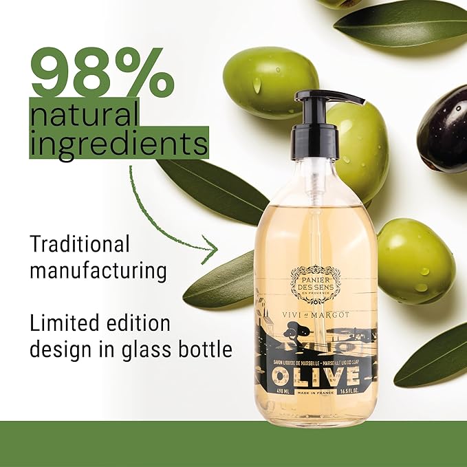 Panier des Sens - Liquid Hand Soap Limited Edition - Hand Wash with Olive Oil - French Marseille Moisturizing Hand Soap - Refillable Kitchen & Bathroom Hand Soap - 98% Natural - Glass Bottle 16.6 Floz