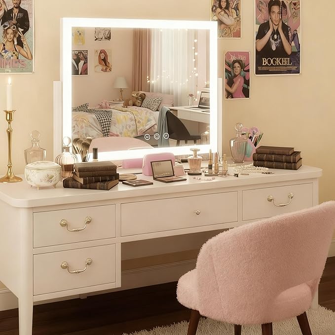 HNV Hollywood Vanity Mirror with Lights, 16.3"x12.6" Lighted Makeup Mirror with 10X Magnification, 3 Color LED, Smart Touch & 360° Rotation, Tabletop (White)
