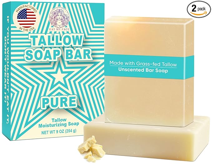 Eat My Face 2-Pack Beef Tallow Soap Bar Grass Fed Natural Unscented | Organic Natural Body Wash Soap Bar for Women & Men | Moisturizing Tallow Cleanser for All Skin Types