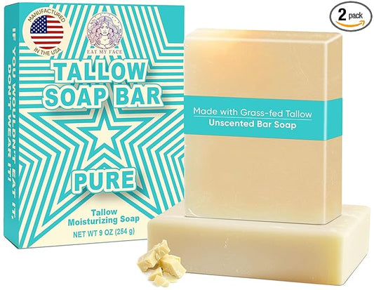 Eat My Face 2-Pack Beef Tallow Soap Bar Grass Fed Natural Unscented | Organic Natural Body Wash Soap Bar for Women & Men | Moisturizing Tallow Cleanser for All Skin Types