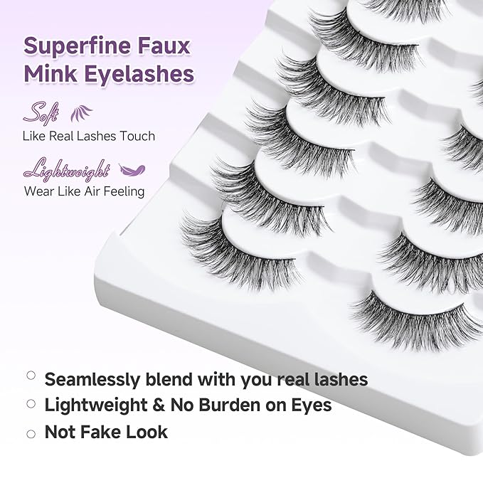Lashes False Eyelashes Natural Cat Eye Lashes 14mm Wispy Eyelashes with Thin Band 3D Volume False Lashes Soft Strip Lashes Pack C Curl Natural Eyelashes Fake Lashes 7 Pair EVENTILL