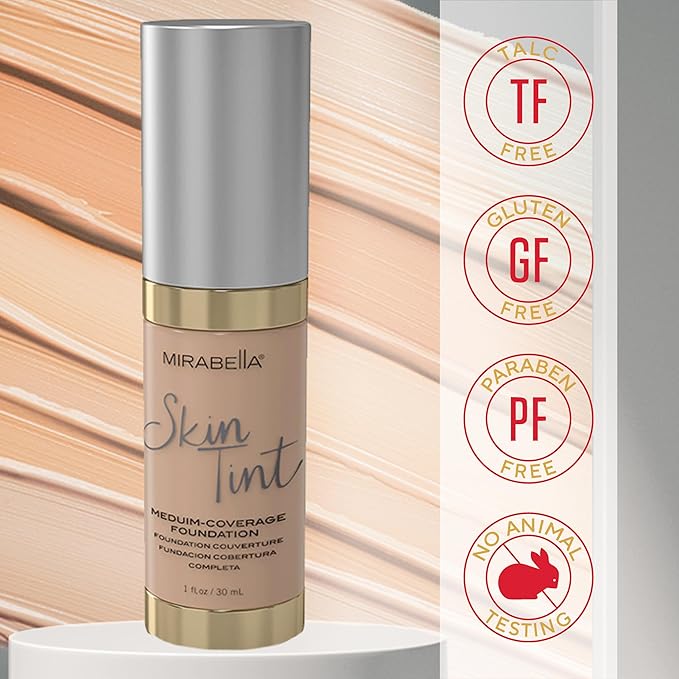 Mirabella Skin Tint Creme Liquid Foundation Makeup, Oil-Free Mineral Foundation for Medium Coverage - w/Hyaluronic Acid, Squalane, & Allantoin for All Skin Types - IC Cool