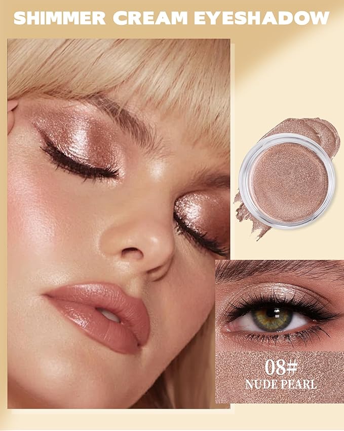 Shimmer Cream Eyeshadow, Ultra-Blendable Glitter Eye Shadow with Moisturizing Formula, Waterproof Long Lasting & Highly Pigmented, Single Creme Eyeshadow Pot Highlighter Makeup for Women-08#Nude Pearl