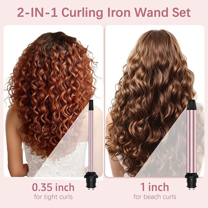 2 in 1 Curling Iron Wand Set - 0.35" & 1" Interchangeable Ceramic Barrels for Tight Curls & Waves, Dual Voltage Fast Heating Hair Wand Curler, Travel-Friendly for Short Long Hair