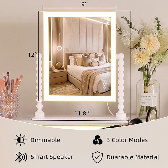 Vanity Makeup Mirror with Lights 9”x12” Hollywood Mirror with Music Speaker Dimmable 3 Color Lighting Light up Mirror with 10X Magnification 360 Degree Rotation for Bedroom Bathroom