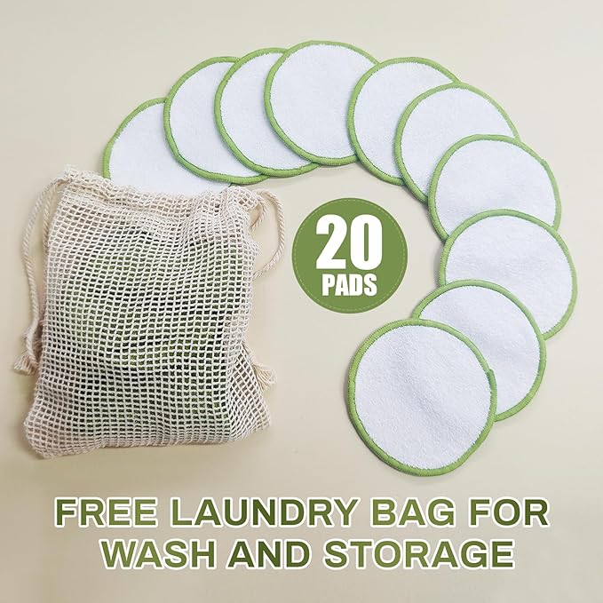 BS-MALL Cotton Rounds Bamboo Fiber for Face & Gentle Reusable Eye Makeup Remover Pads 20 Pcs, Facial Mask Brush & Foundation Brush- Travel-Friendly Skincare Set with Storage Box & Washable Bag