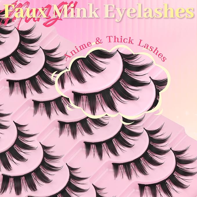 Ahrikiss Lashes Spiky Manga Lashes Anime False Eyelashes 8 Pairs Faux Mink Lashes Kit with Lash Glue and Lash Tweezers Cosplay Thick Fake Eyelashes Soft Wispy Strip Lashes (Doll Kit)