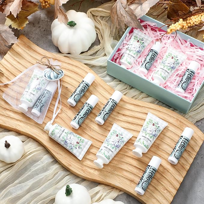 144 Pcs Fall Pumpkin Lip Balm Hand Cream Set Party Favors, Include 36 Blue Pumpkin Lip Balm 36 Moisturizing Hand Cream 36 Bags 36 Cards and Ropes for Autumn Accessories Gifts