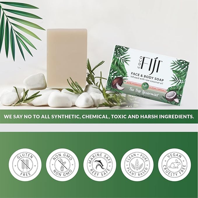 Coco Fiji Soap Bar for Face and Body Infused With Organic Coconut Oil, Tea Tree Spearmint, Essential Oil, Natural Soap for Moisturizing & Pore Purifying Skin, 7 oz,Pack of 2