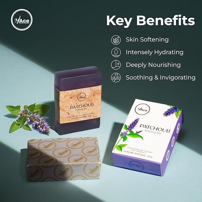 MY ACE Patchouli Aromatherapy Bathing Bar – Handmade Soap with Patchouli Essential Oil & Coconut Oil, Shea Butter & Vitamin E, SLES-Free, Deep Moisturizing (3.5oz Each, Pack of 3)