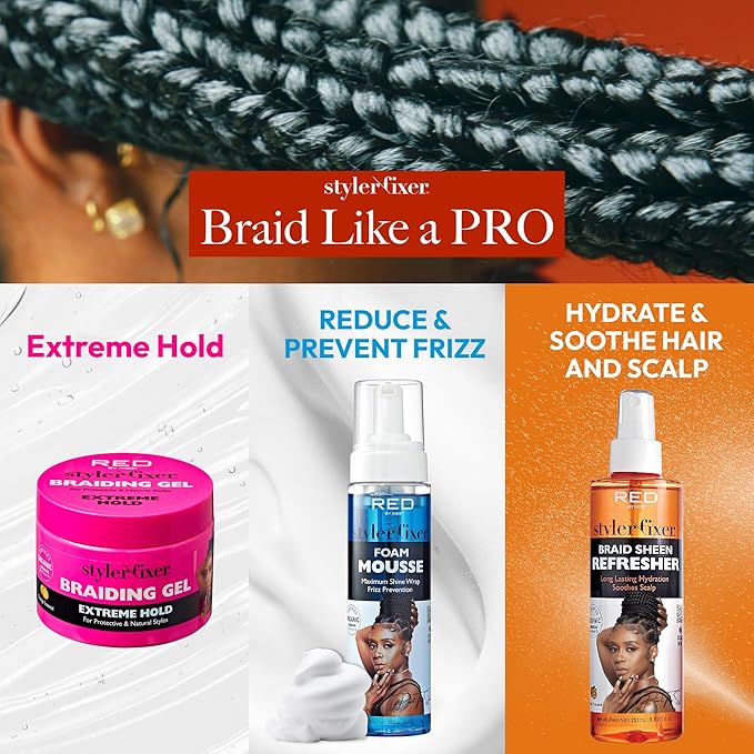 Red by Kiss Braiding Gel Extreme Hold Styler Fixer for Box Braids & Cornrows, Hydrating, Conditioning, Long-Lasting Frizz Control, 4C Moisturizing, Nourishing High Shine (6 fl. oz.)