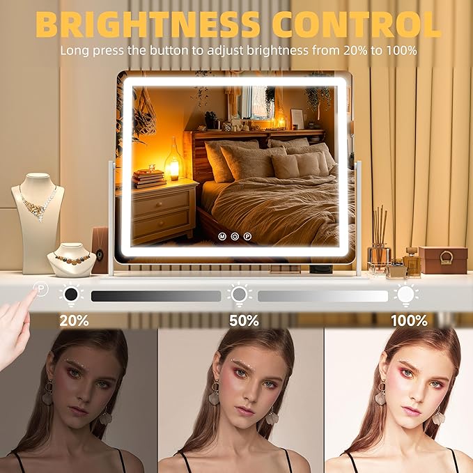 Vanity Mirror with Lights, 29.5'' x 22'' Lighted Makeup Mirror, Touch Screen with 3-Color Lighting, Dimmable for Vanity Desk Tabletop Round White
